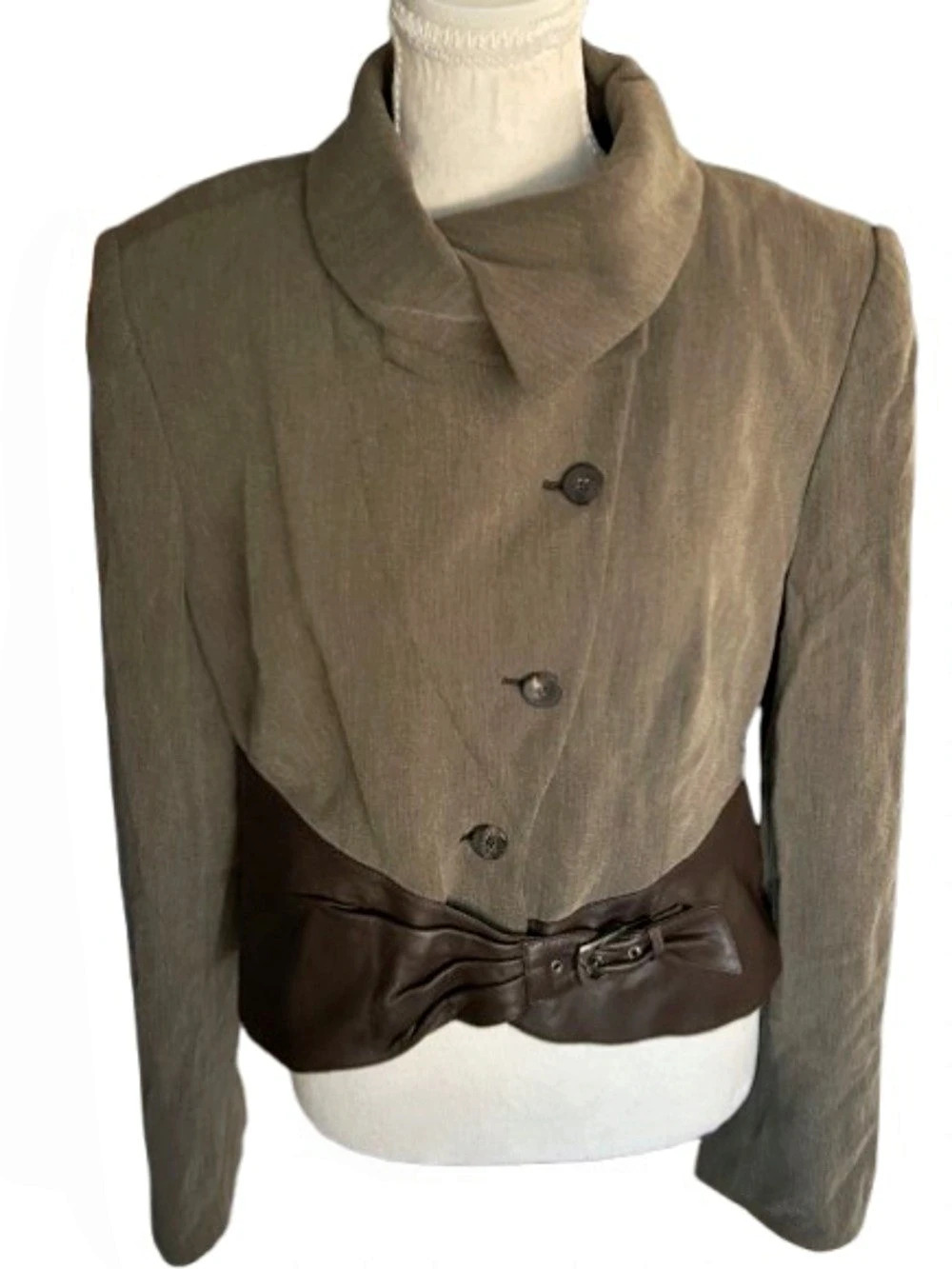 Wool Cotton Armani Collezioni Belted Jacket Large 12 Blazer Leather faux Vegan